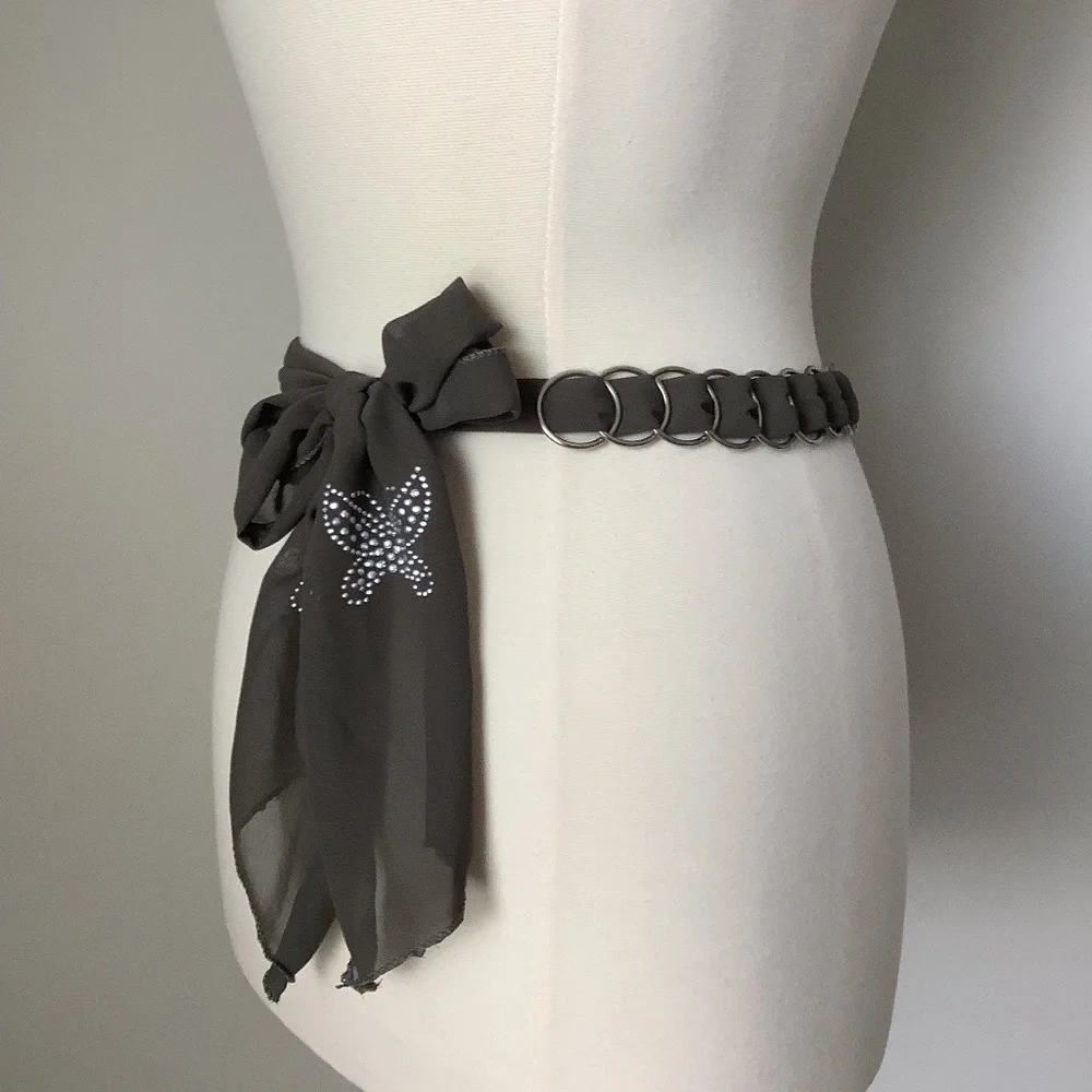 Vintage Y2K Chain‎ Metal Link Butterfly Embellished Fabric Belt